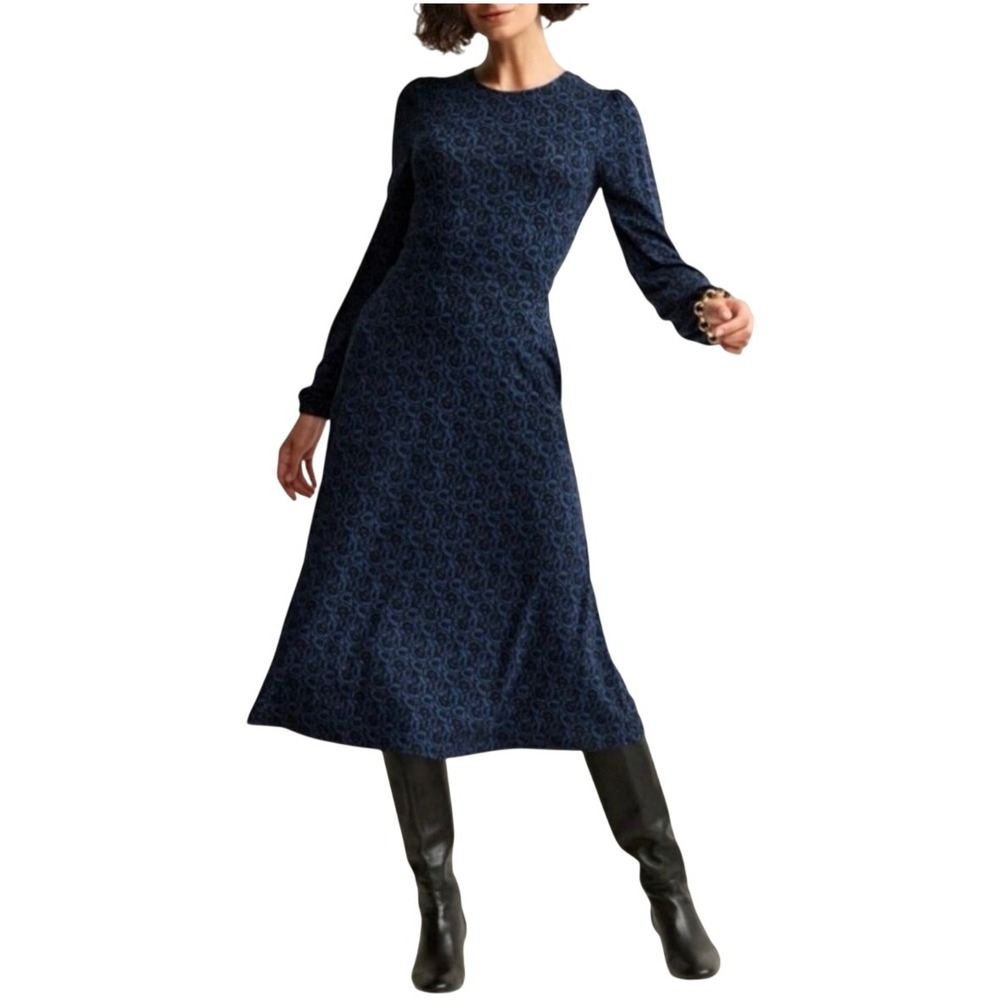 Boden Blue Black Floral Scroll Long Sleeve Fit & Flare Midi Dress Womens Size 8P